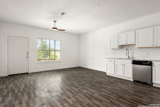 kitchen with ceiling fan, white cabinets, dishwasher, and dark hardwood / wood-style flooring