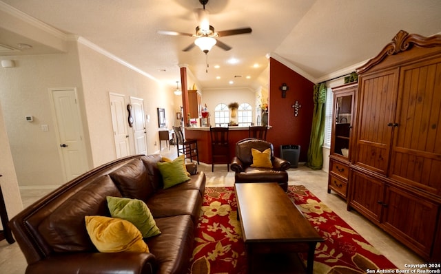 living room featuring light carpet, vaulted ceiling, ceiling fan, and crown molding