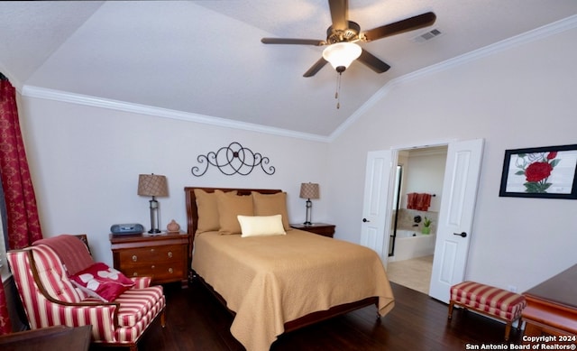 bedroom with ceiling fan, crown molding, vaulted ceiling, and dark hardwood / wood-style flooring