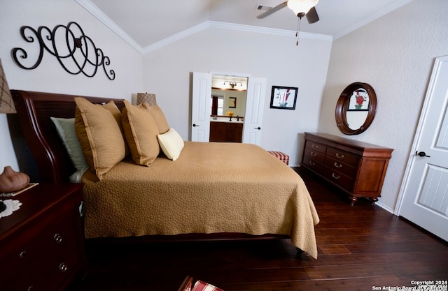 bedroom with dark wood-type flooring, vaulted ceiling, connected bathroom, ornamental molding, and ceiling fan