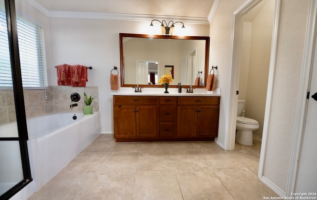 bathroom featuring vanity, ornamental molding, a washtub, tile patterned floors, and toilet