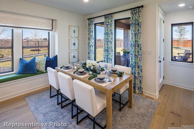 dining space with light hardwood / wood-style floors