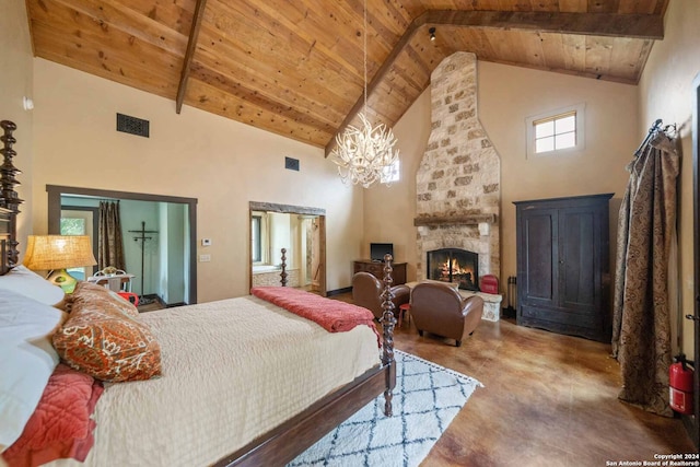 bedroom featuring beam ceiling, a stone fireplace, high vaulted ceiling, wooden ceiling, and an inviting chandelier