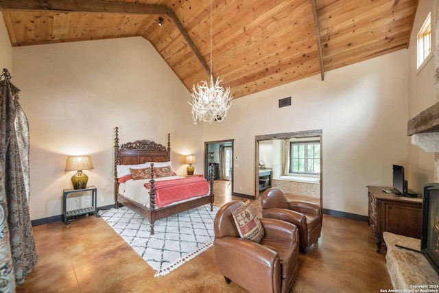 bedroom featuring beamed ceiling, wooden ceiling, multiple windows, and high vaulted ceiling