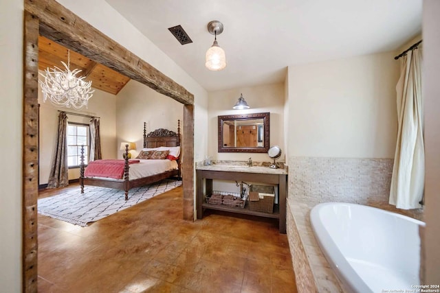 interior space featuring vaulted ceiling with beams and sink