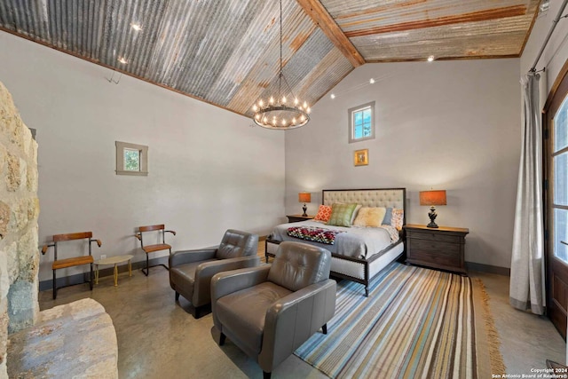 bedroom featuring wood ceiling, high vaulted ceiling, beamed ceiling, concrete flooring, and a notable chandelier