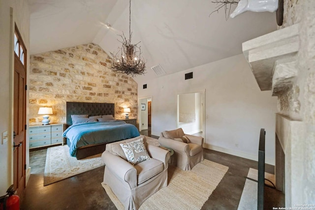 bedroom featuring high vaulted ceiling and a notable chandelier