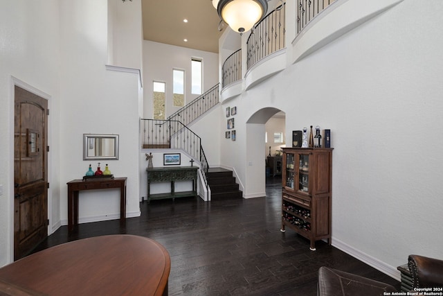 interior space featuring a towering ceiling and dark hardwood / wood-style flooring