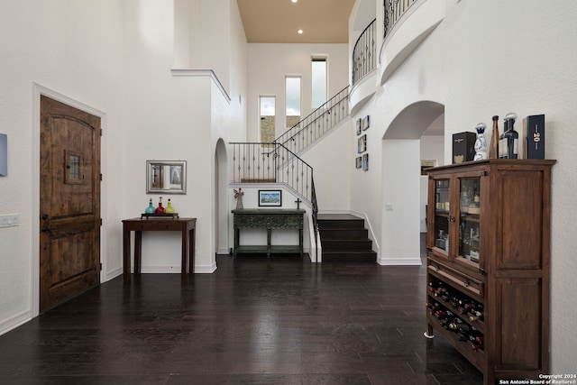 entryway with a high ceiling and dark hardwood / wood-style floors