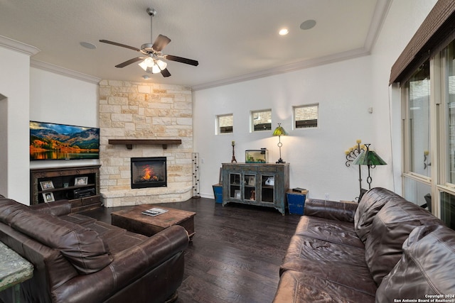 living room with a fireplace, ornamental molding, dark hardwood / wood-style floors, and ceiling fan