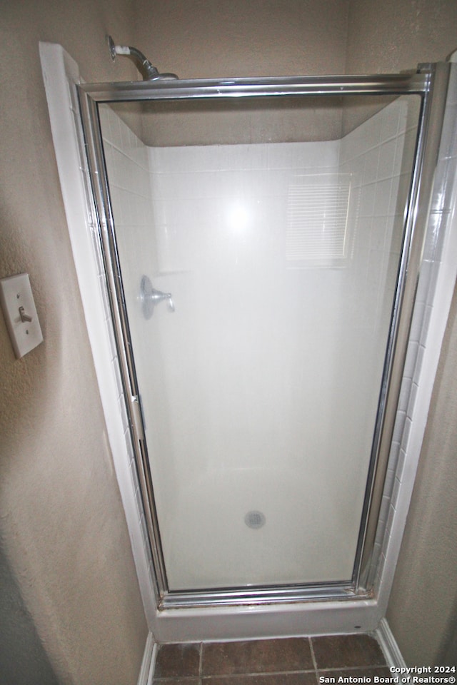 bathroom featuring walk in shower and tile patterned floors