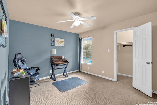 office featuring ceiling fan and light carpet