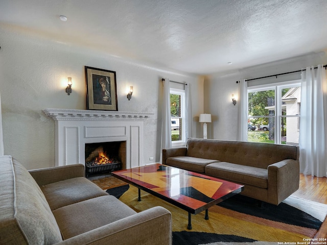 living room featuring a textured ceiling and hardwood / wood-style floors