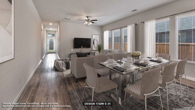 dining space featuring dark hardwood / wood-style flooring, ceiling fan, and a wealth of natural light