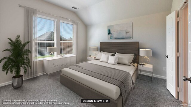 carpeted bedroom featuring multiple windows and lofted ceiling