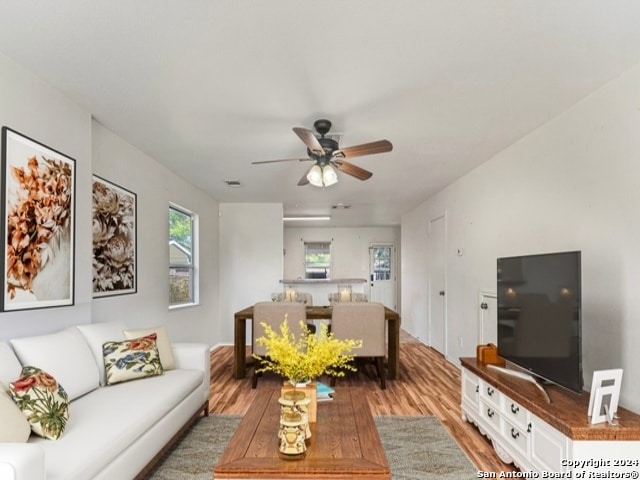 living room featuring wood-type flooring and ceiling fan