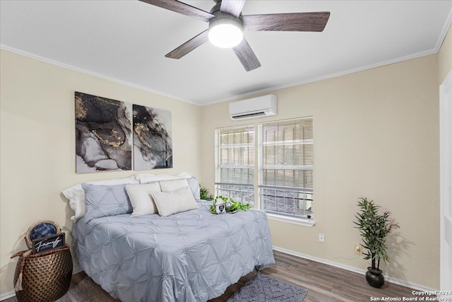 bedroom featuring ornamental molding, hardwood / wood-style floors, a wall unit AC, and ceiling fan