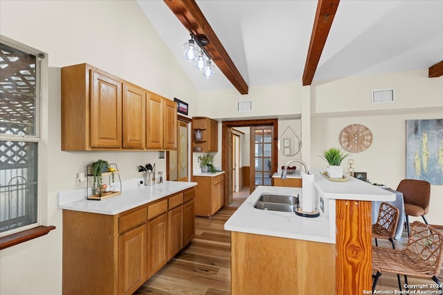 kitchen featuring hardwood / wood-style flooring, sink, an island with sink, beam ceiling, and a kitchen breakfast bar