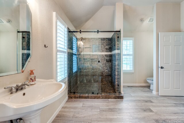 bathroom featuring wood-type flooring, an enclosed shower, sink, vaulted ceiling, and toilet