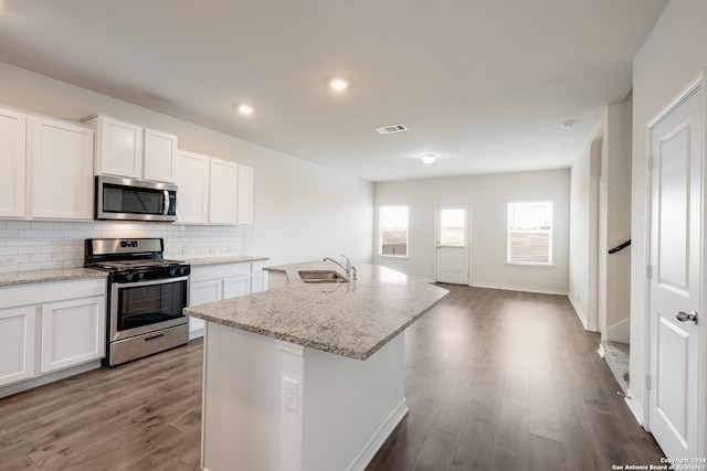 kitchen featuring white cabinets, a kitchen island with sink, stainless steel appliances, and sink