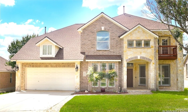 view of front of home featuring a balcony, a front lawn, and a garage