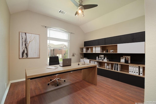 10606 Rainbow Vw, Helotes, TX 78023 - office area featuring a ceiling fan, vaulted ceiling, wood finished floors, and visible vents