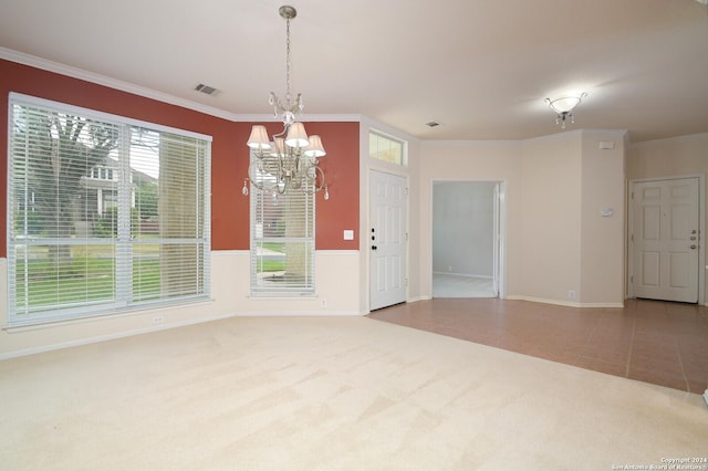 10606 Rainbow Vw, Helotes, TX 78023 - carpeted empty room with visible vents, plenty of natural light, crown molding, and an inviting chandelier