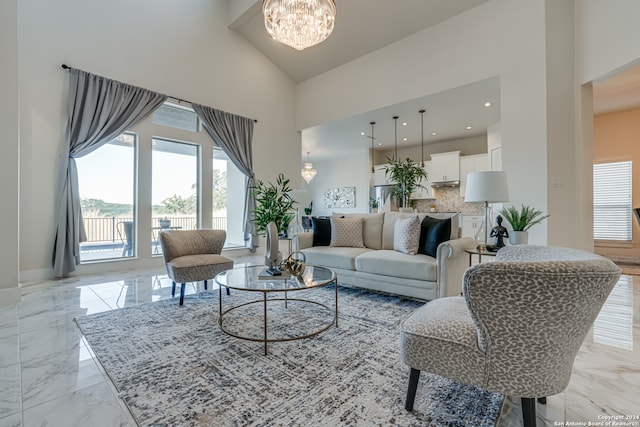 living room featuring high vaulted ceiling