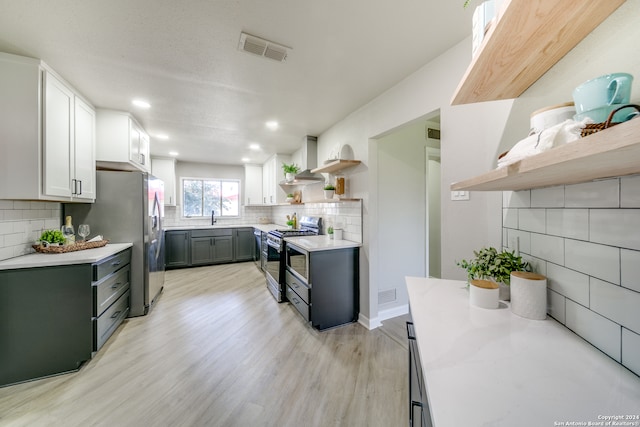 kitchen with appliances with stainless steel finishes, decorative backsplash, white cabinetry, light wood-type flooring, and sink