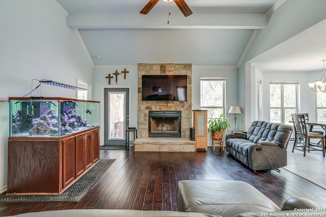 living room with ceiling fan with notable chandelier, a stone fireplace, beam ceiling, and dark wood-type flooring