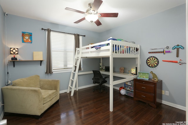 bedroom featuring dark wood-type flooring and ceiling fan