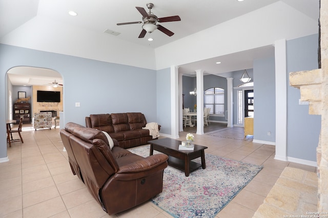 living room featuring ceiling fan and light tile patterned floors