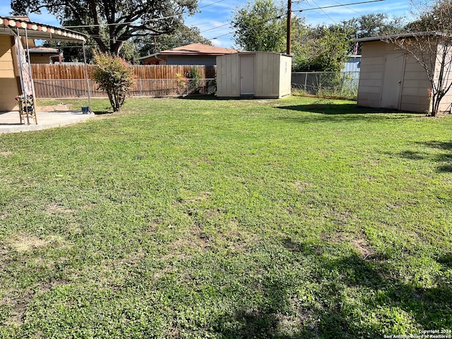 view of yard featuring a storage shed