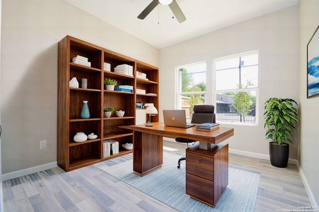 office with ceiling fan and light hardwood / wood-style flooring