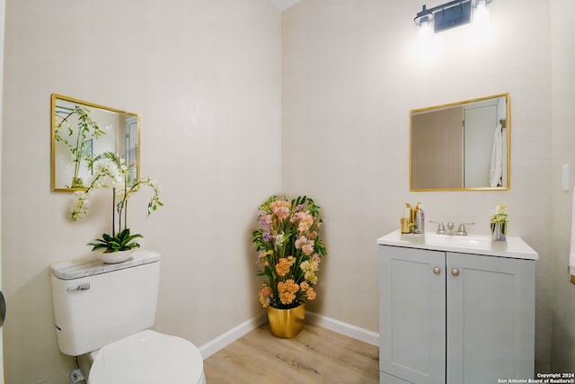 bathroom with hardwood / wood-style floors, vanity, and toilet