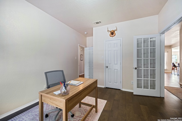 home office featuring dark wood-type flooring