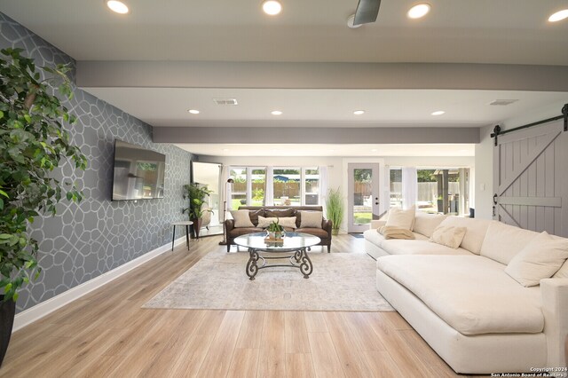 living room with light hardwood / wood-style floors, plenty of natural light, and a barn door