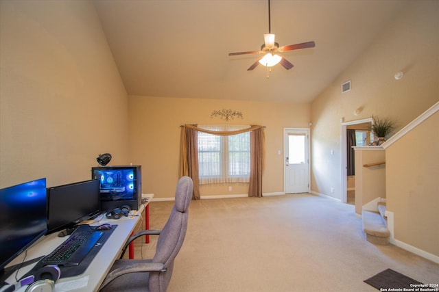 9171 Everton, San Antonio, TX 78245 - office with visible vents, carpet flooring, baseboards, high vaulted ceiling, and a ceiling fan
