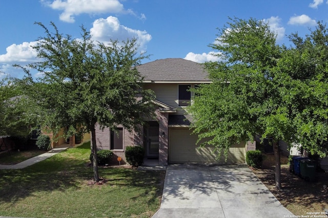 9171 Everton, San Antonio, TX 78245 - obstructed view of property with concrete driveway, an attached garage, a shingled roof, and a front yard