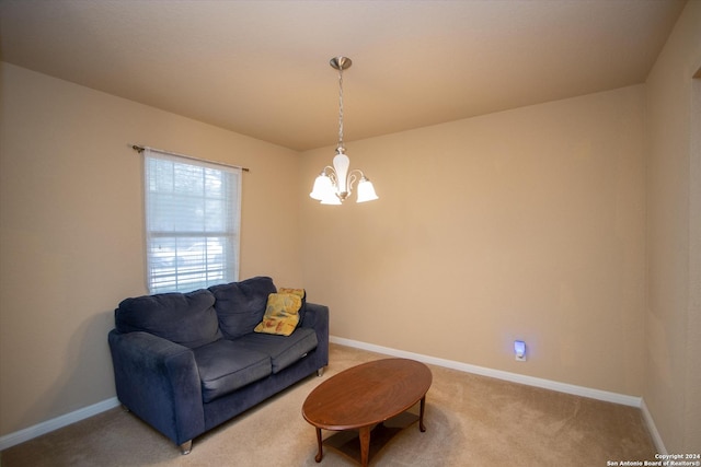 9171 Everton, San Antonio, TX 78245 - living area with an inviting chandelier, baseboards, and light carpet