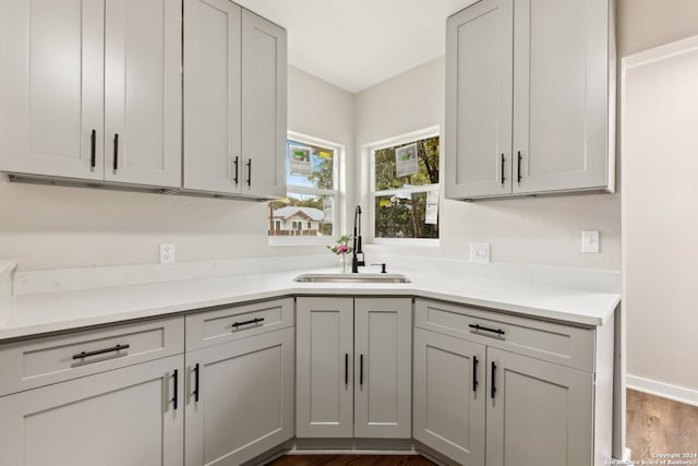 kitchen with dark wood-type flooring, sink, and gray cabinetry