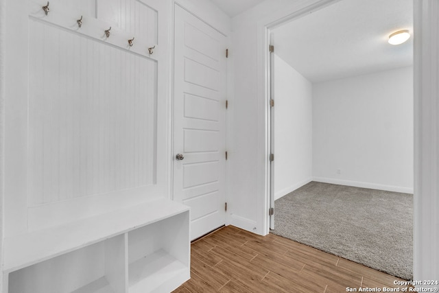 mudroom with light colored carpet