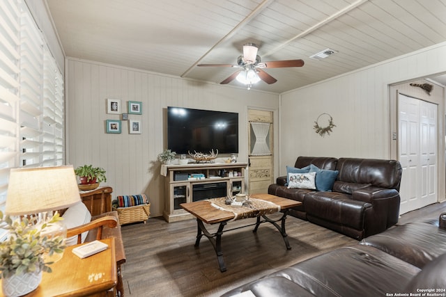 living room featuring wooden walls, ceiling fan, wooden ceiling, and dark wood-type flooring