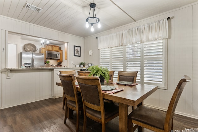 dining area featuring an inviting chandelier, wooden walls, dark hardwood / wood-style floors, and wooden ceiling