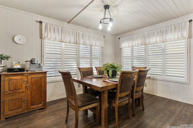 dining room with wooden ceiling, wooden walls, and dark hardwood / wood-style floors