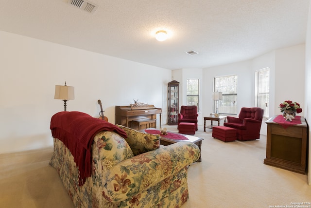 living room featuring light carpet and a textured ceiling