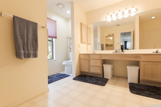 bathroom featuring a shower, vanity, and toilet