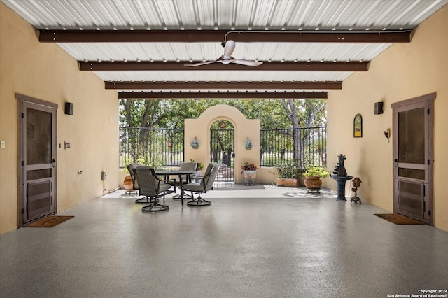 interior space featuring ceiling fan