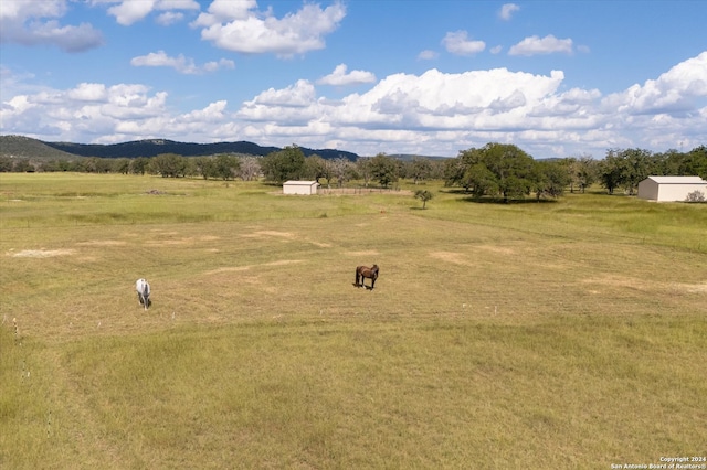 birds eye view of property featuring a mountain view and a rural view