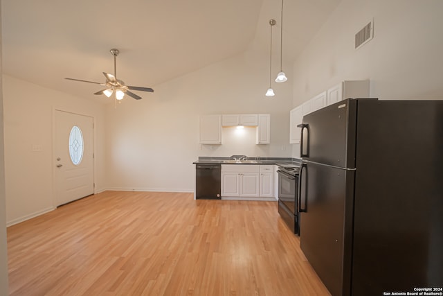 kitchen featuring ceiling fan, white cabinets, high vaulted ceiling, black appliances, and light wood-type flooring